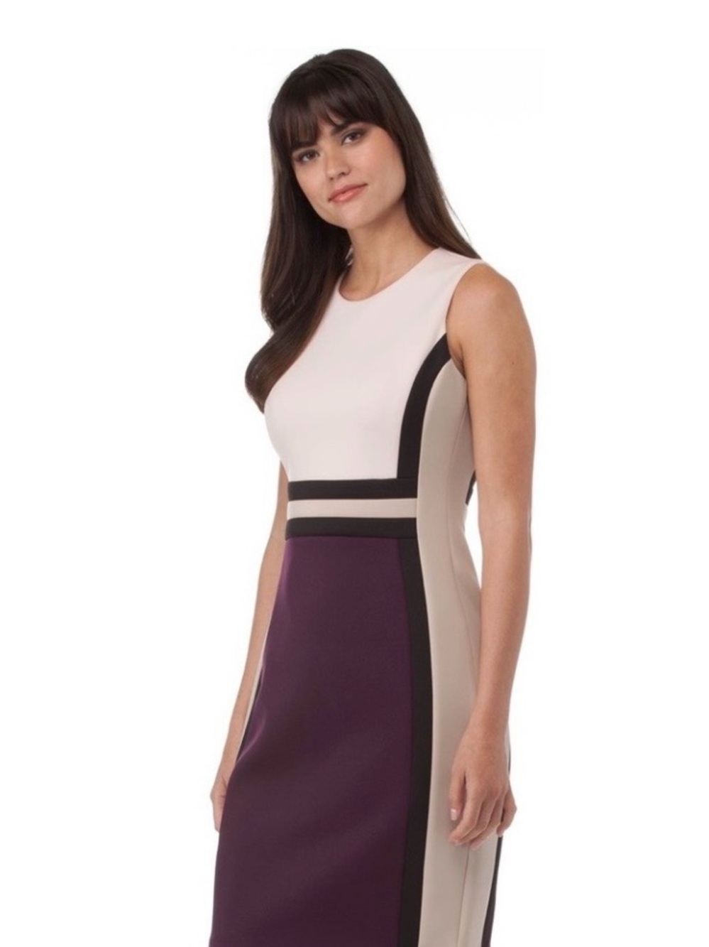 Calvin Klein Color block Body-con Midi Sheath Dress Purple, Cream & White